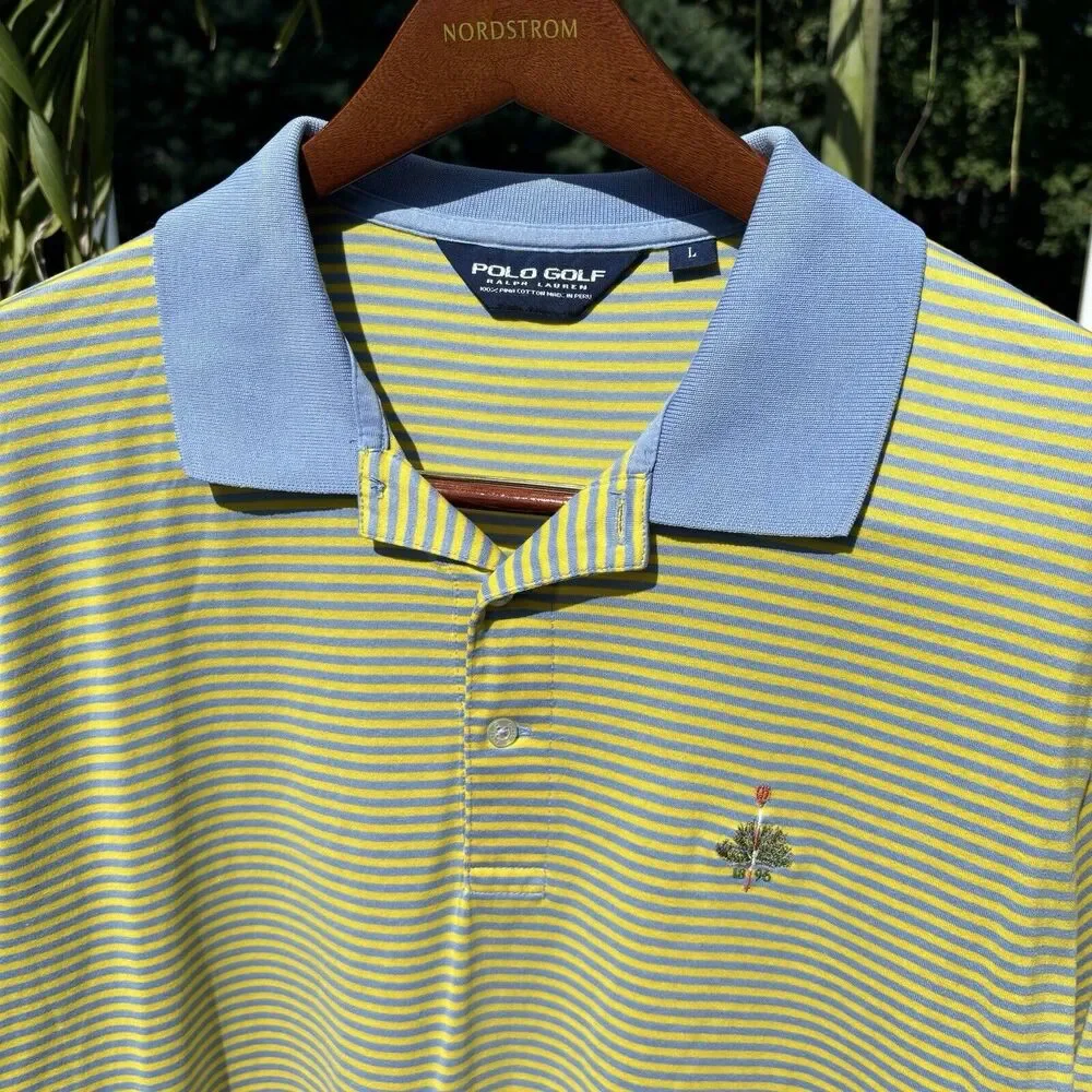 Vintage Polo Ralph Lauren Golf T Shirt Collared Blue Yellow Size L Striped Mens